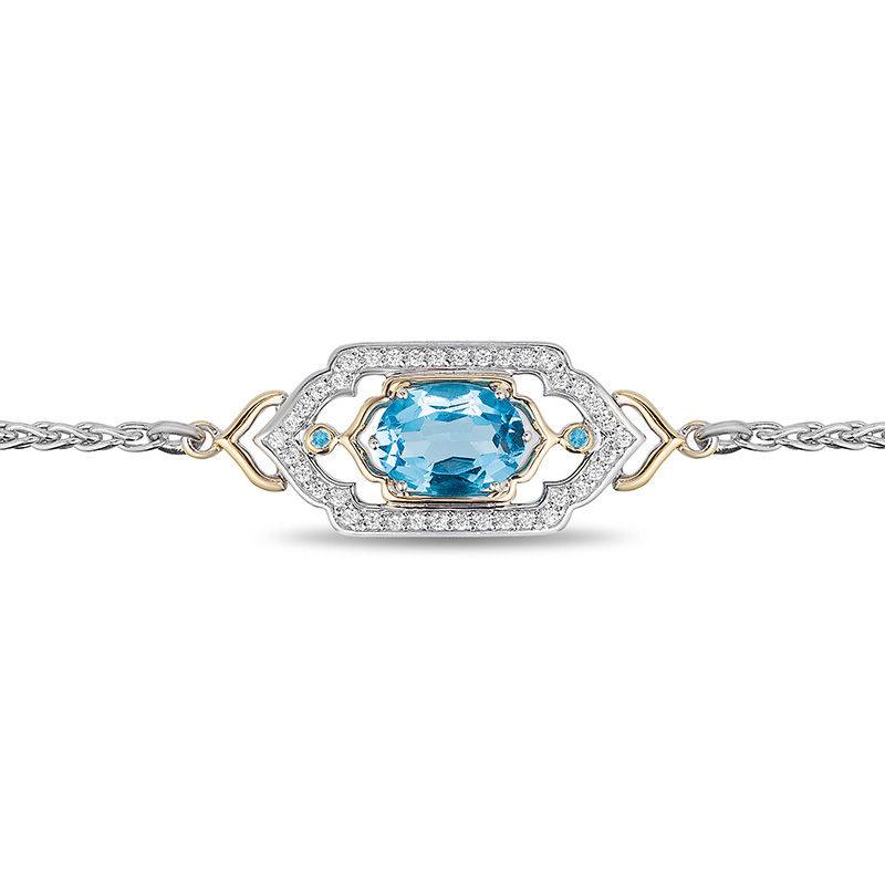 Enchanted Disney Jasmine Oval Blue Topaz and 1/5 CT. T.W. Diamond Bolo Bracelet in Sterling Silver and 10K Gold - 8.5"