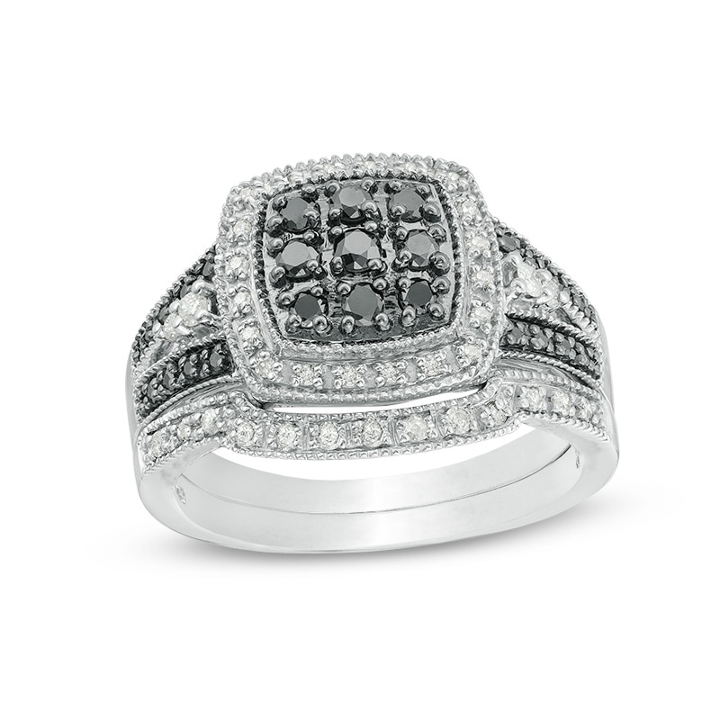 Main Image 1 of 1/2 CT. T.W. Black and White Multi-Diamond Cushion Frame Vintage-Style Bridal Set in Sterling Silver