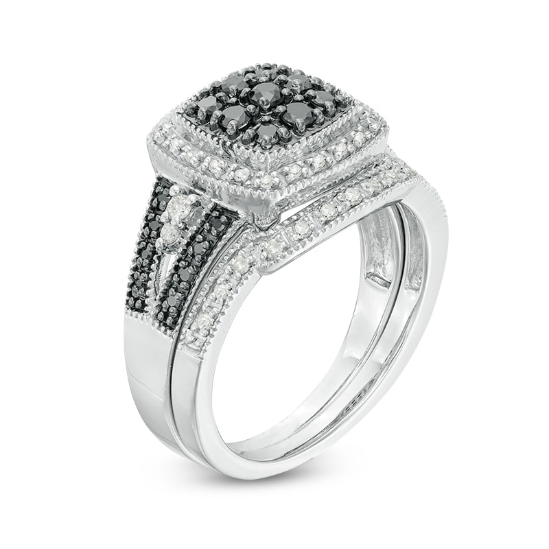 Main Image 3 of 1/2 CT. T.W. Black and White Multi-Diamond Cushion Frame Vintage-Style Bridal Set in Sterling Silver