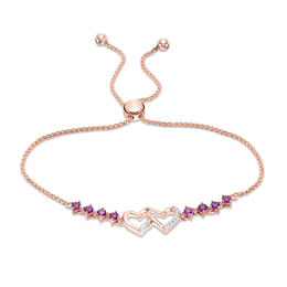 Amethyst and Diamond Accent Double Interlocking Hearts Bolo Bracelet in Sterling Silver with 18K Rose Gold Plate - 9&quot;