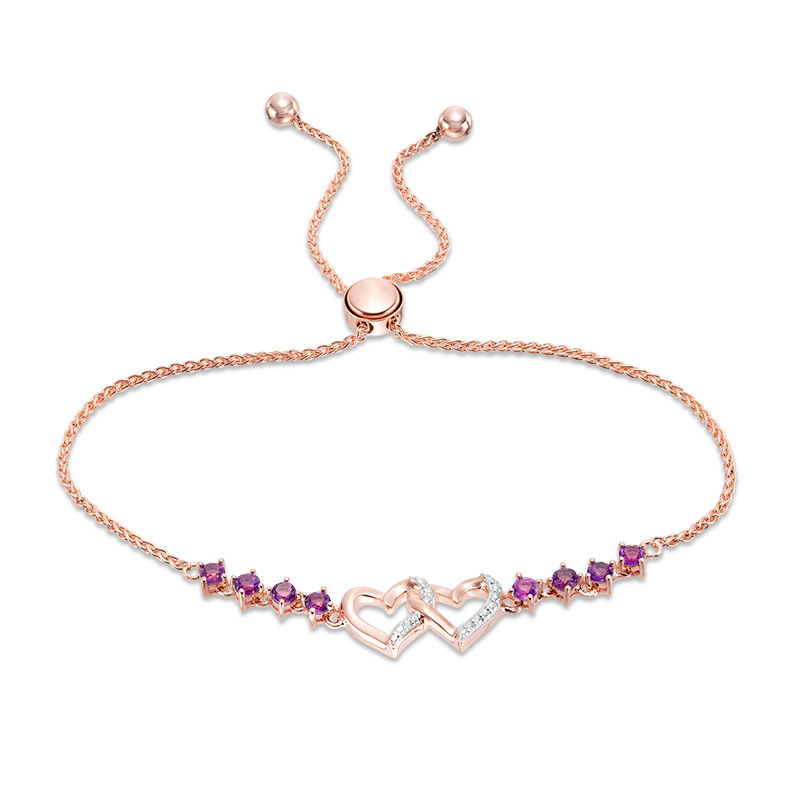 Amethyst and Diamond Accent Double Interlocking Hearts Bolo Bracelet in Sterling Silver with 18K Rose Gold Plate - 9"