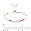 Thumbnail Image 1 of Amethyst and Diamond Accent Double Interlocking Hearts Bolo Bracelet in Sterling Silver with 18K Rose Gold Plate - 9"