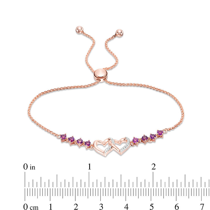Amethyst and Diamond Accent Double Interlocking Hearts Bolo Bracelet in Sterling Silver with 18K Rose Gold Plate - 9"