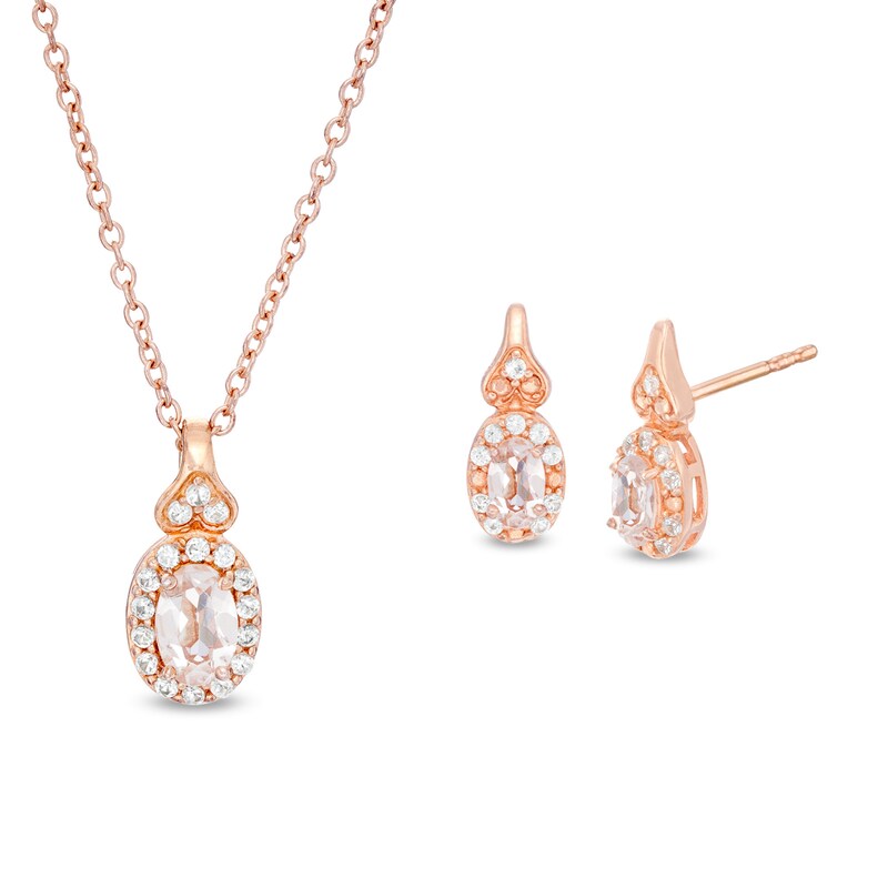 Oval Morganite and White Topaz Frame Pendant, Earrings and Ring Set in Sterling Silver with 14K Rose Gold Plate - Size 7