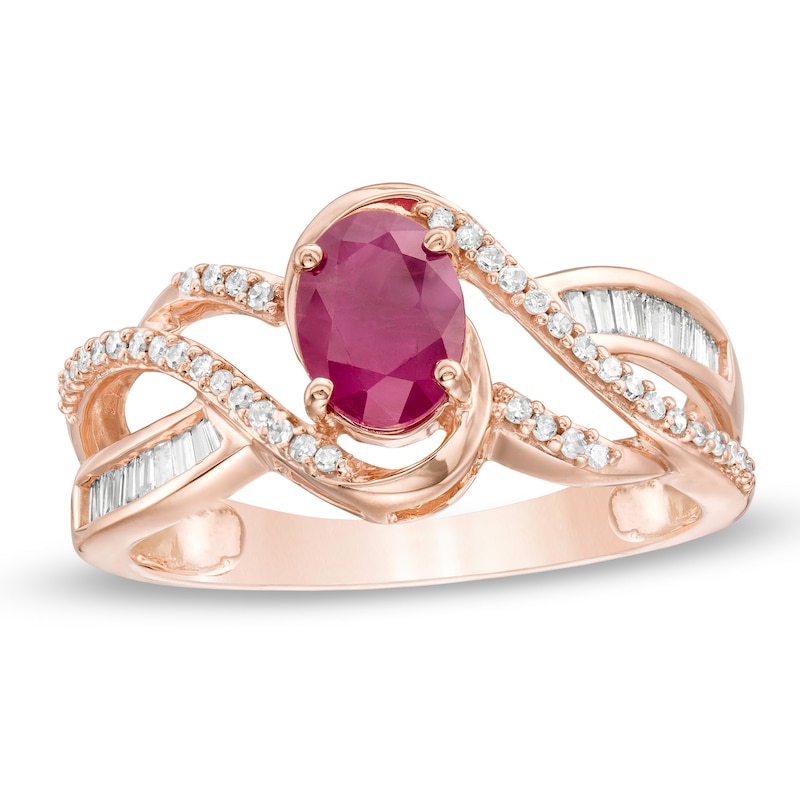 Main Image 1 of Oval Ruby and 1/4 CT. T.W. Diamond Bypass Split Shank Ring in 10K Rose Gold