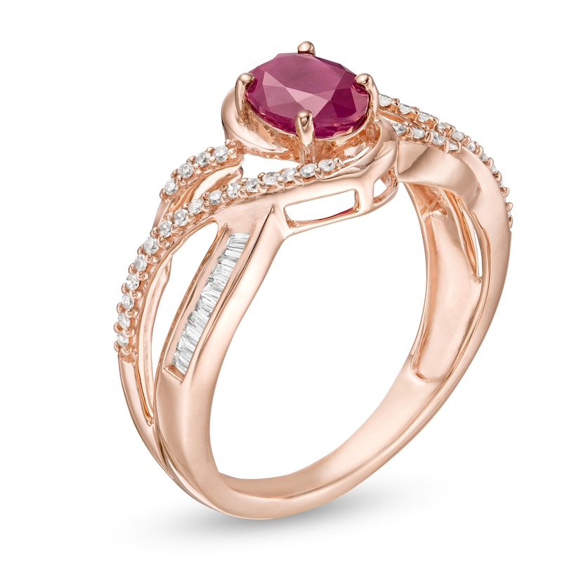 Main Image 2 of Oval Ruby and 1/4 CT. T.W. Diamond Bypass Split Shank Ring in 10K Rose Gold