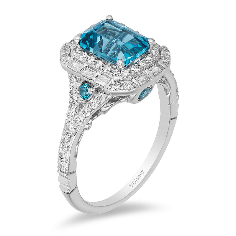 Enchanted Disney Cinderella London Blue Topaz and 3/4 CT. T.W. Diamond Double Frame Engagement Ring in 14K White Gold