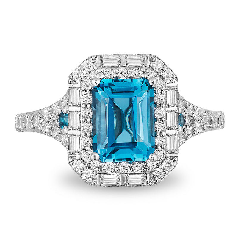 Enchanted Disney Cinderella London Blue Topaz and 3/4 CT. T.W. Diamond Double Frame Engagement Ring in 14K White Gold