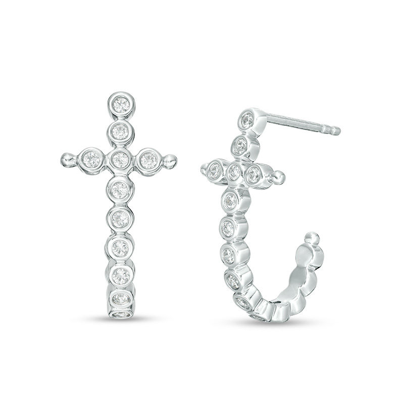 Main Image 1 of 1/4 CT. T.W. Diamond Bezel-Set Cross J-Hoop Earrings in Sterling Silver