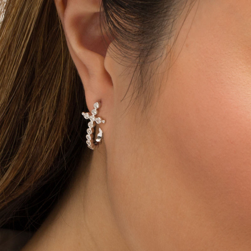 Main Image 2 of 1/4 CT. T.W. Diamond Bezel-Set Cross J-Hoop Earrings in Sterling Silver