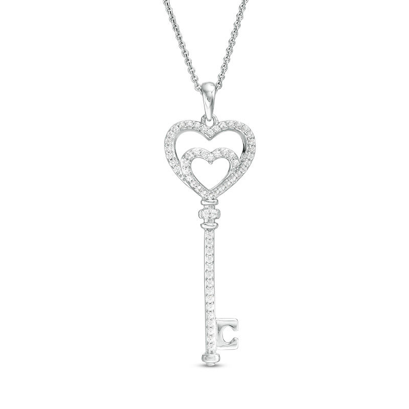 Main Image 1 of Lab-Created White Sapphire Double Heart Key Pendant in Sterling Silver