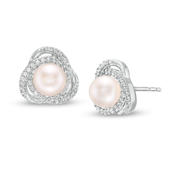 6.0mm Cultured Freshwater Pearl and Lab-Cr 6.0mm Cultured Freshwater Pearl and Lab-Created White Sapphire Love Knot Frame Stud Earrings in Sterling Silver
