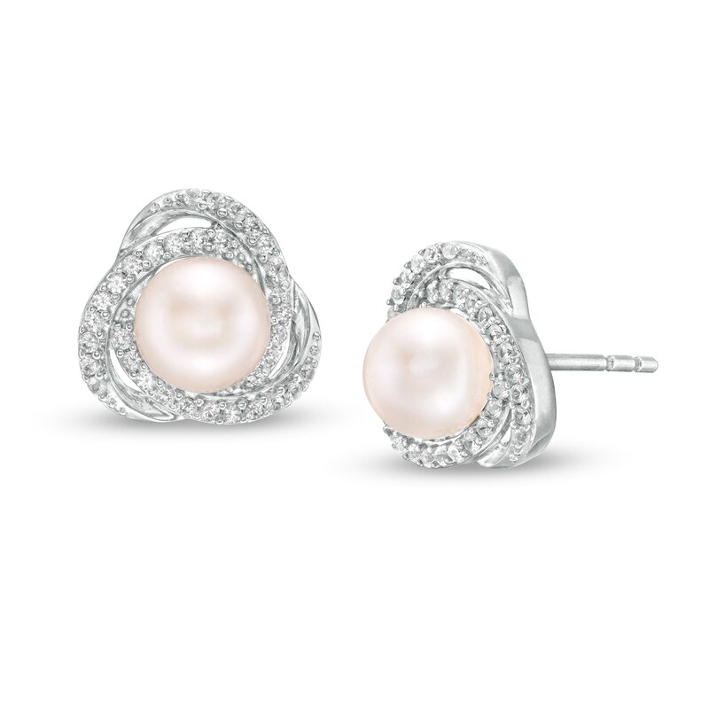 6.0mm Cultured Freshwater Pearl and Lab-Created White Sapphire Love Knot Frame Stud Earrings in Sterling Silver