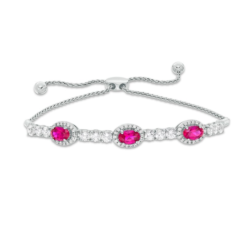 Main Image 1 of Oval Lab-Created Ruby and White Sapphire Frame Three Stone Bolo Bracelet in Sterling Silver - 9.5"