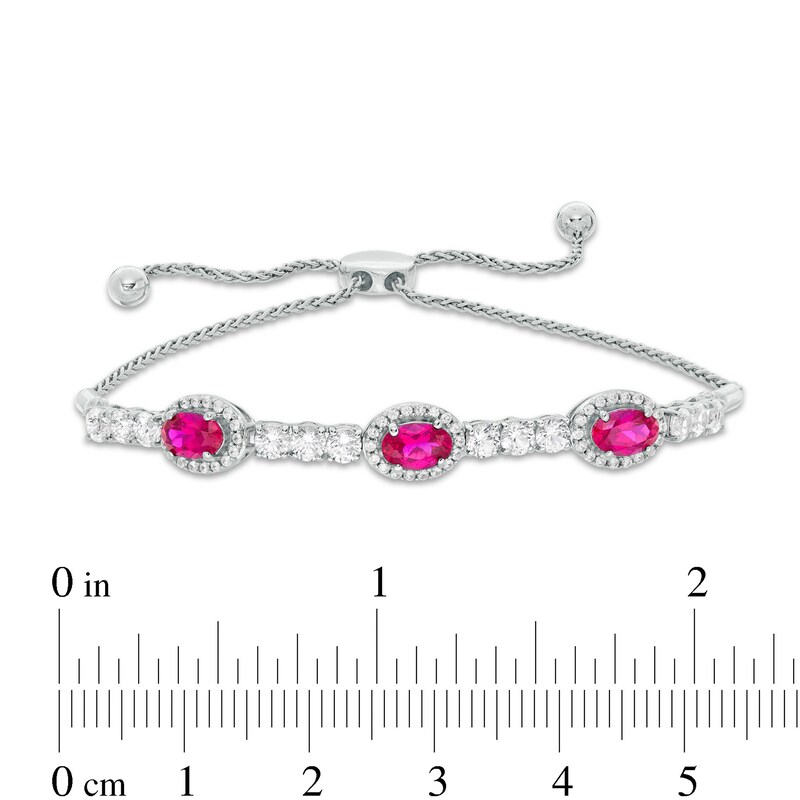 Main Image 2 of Oval Lab-Created Ruby and White Sapphire Frame Three Stone Bolo Bracelet in Sterling Silver - 9.5"