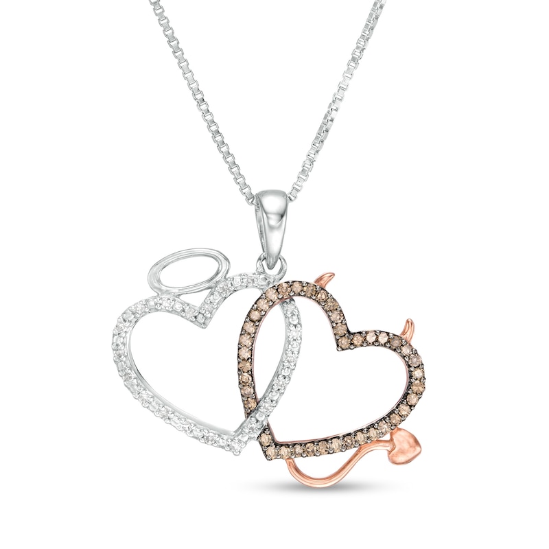 1/6 CT. T.W. Champagne and White Diamond Angel and Devil Double Heart Pendant in Sterling Silver and 10K Rose Gold