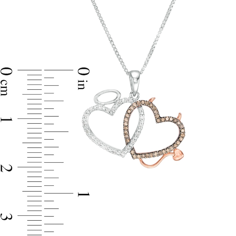 1/6 CT. T.W. Champagne and White Diamond Angel and Devil Double Heart Pendant in Sterling Silver and 10K Rose Gold