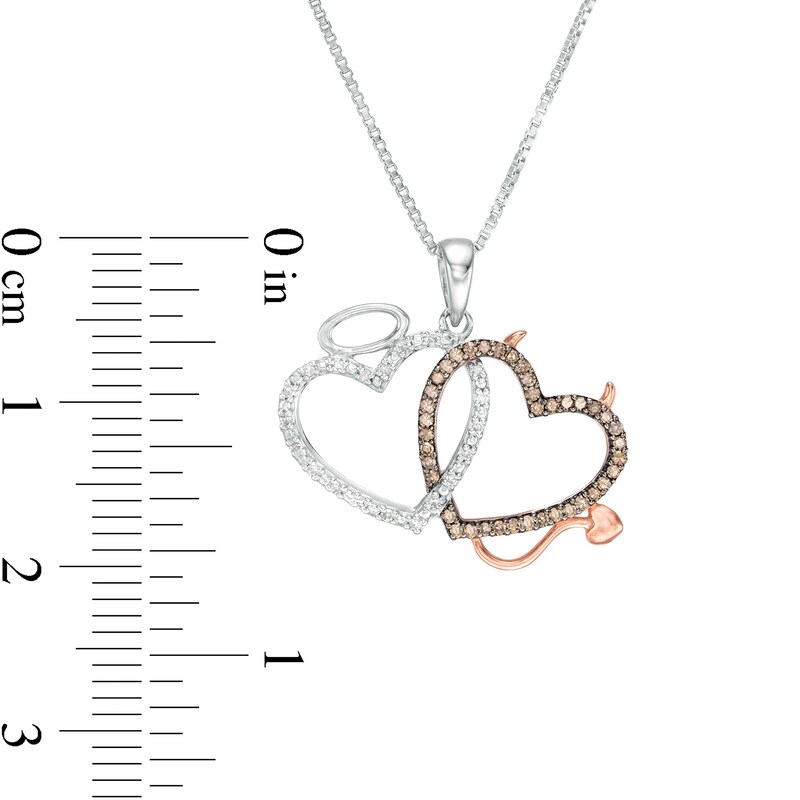 1/6 CT. T.W. Champagne and White Diamond Angel and Devil Double Heart Pendant in Sterling Silver and 10K Rose Gold