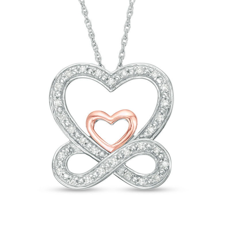 Main Image 1 of 1/6 CT. T.W. Diamond Infinity and Heart Pendant in Sterling Silver and 10K Rose Gold
