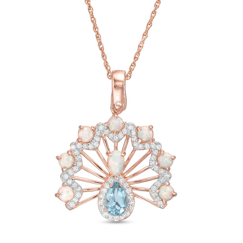 Main Image 1 of Swiss Blue Topaz, Lab-Created Opal and White Sapphire Peacock Pendant in Sterling Silver with 18K Rose Gold Plate