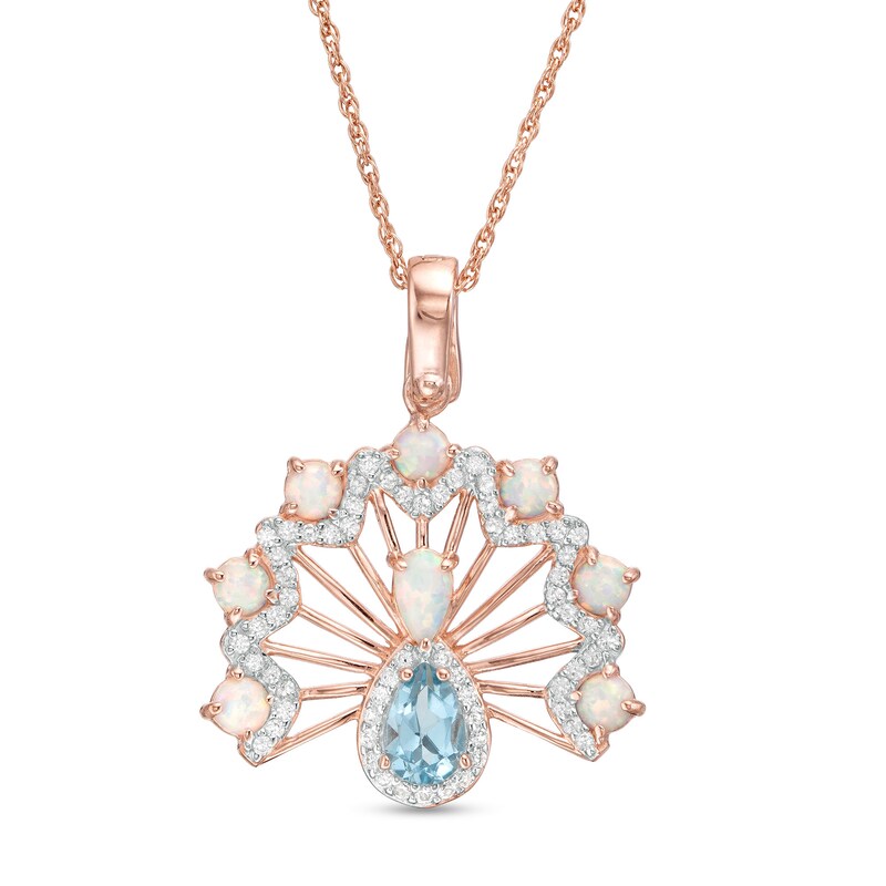 Swiss Blue Topaz, Lab-Created Opal and White Sapphire Peacock Pendant in Sterling Silver with 18K Rose Gold Plate