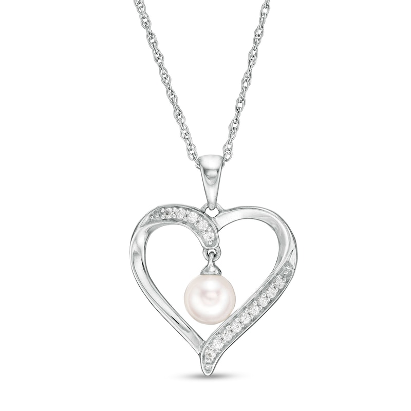 6.0mm Cultured Freshwater Pearl and Lab-Created White Sapphire Heart Pendant in Sterling Silver