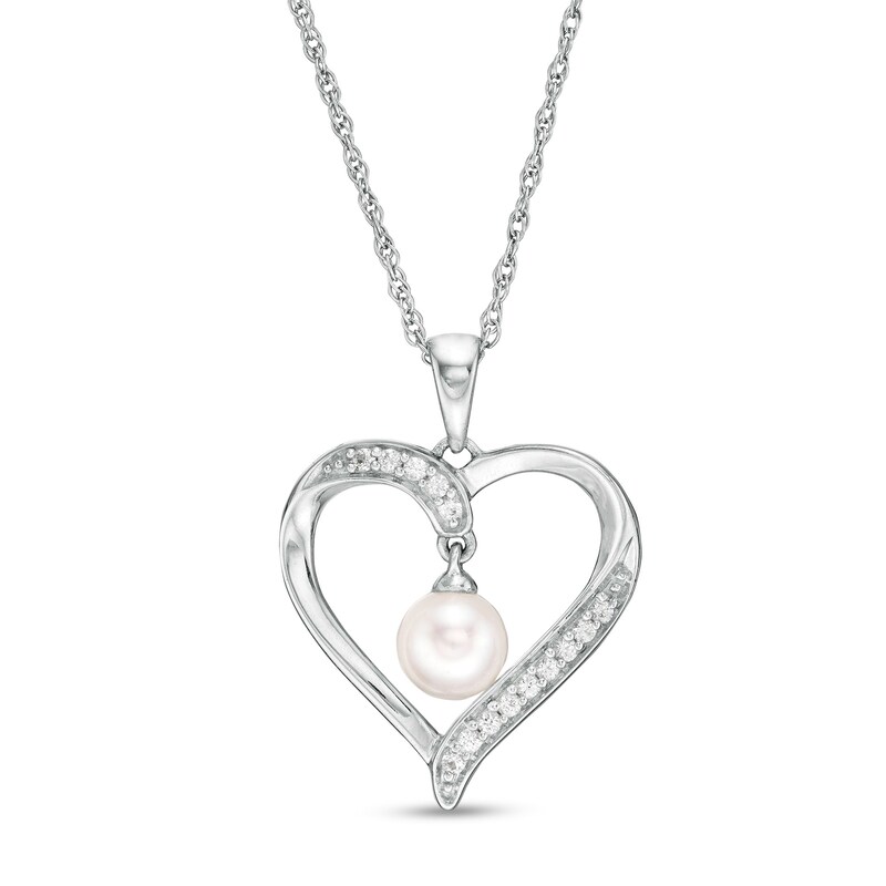 Main Image 1 of 6.0mm Freshwater Cultured Pearl and Lab-Created White Sapphire Heart Pendant in Sterling Silver