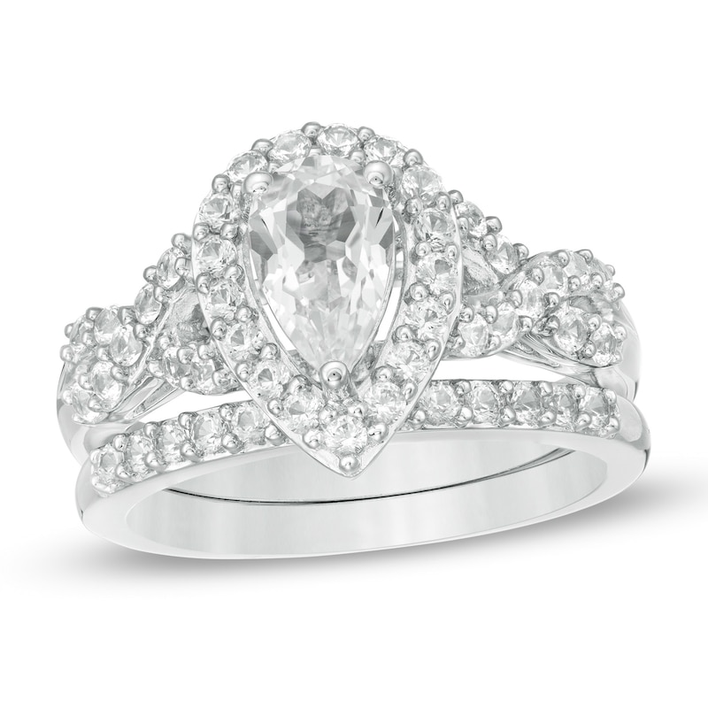 Pear-Shaped Lab-Created White Sapphire Twist Shank Bridal Set in Sterling Silver