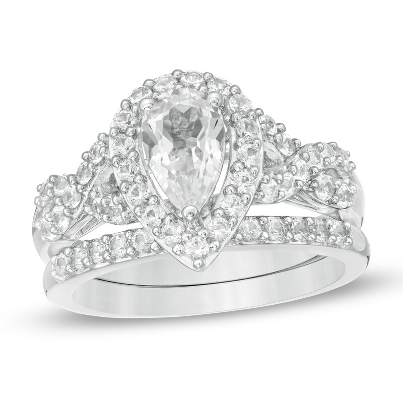 Main Image 1 of Pear-Shaped Lab-Created White Sapphire Twist Shank Bridal Set in Sterling Silver