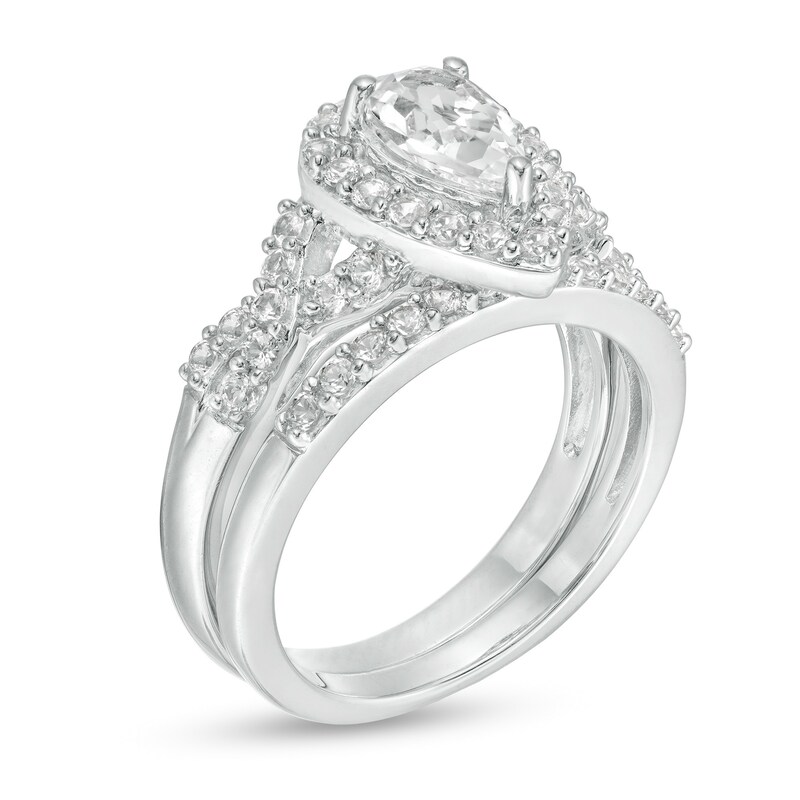 Main Image 2 of Pear-Shaped Lab-Created White Sapphire Twist Shank Bridal Set in Sterling Silver