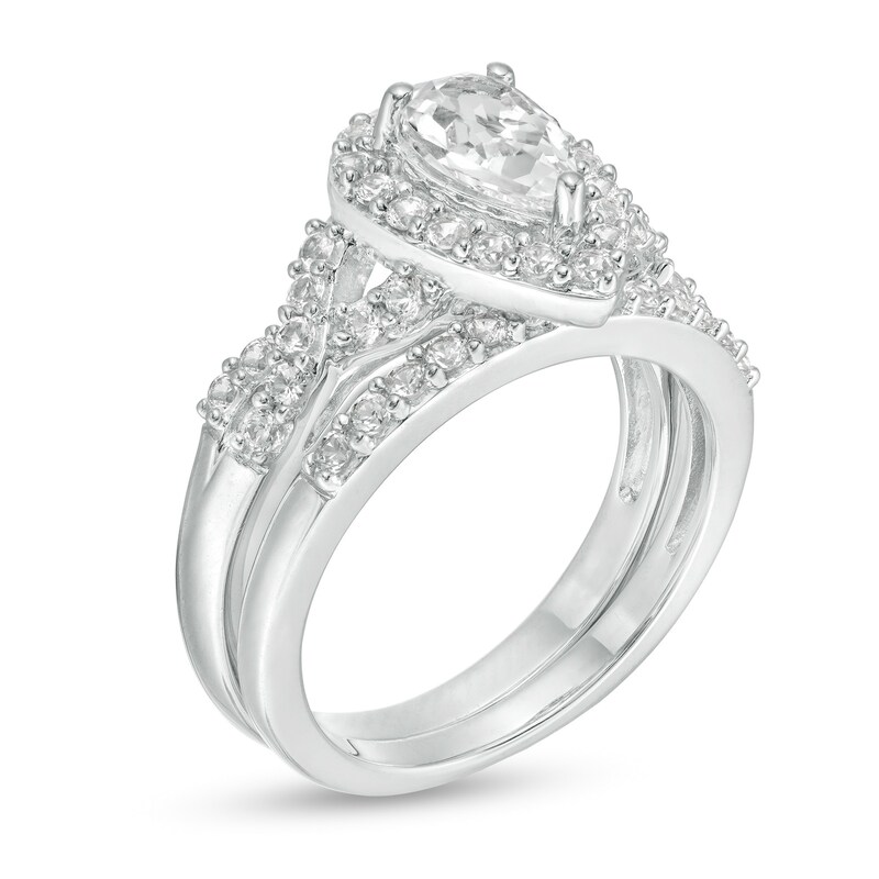 Pear-Shaped Lab-Created White Sapphire Twist Shank Bridal Set in Sterling Silver