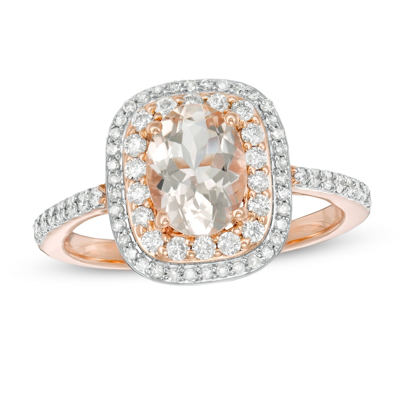 Main Image 1 of Oval Morganite and 3/8 CT. T.W. Diamond Double Cushion Frame Ring in 10K Rose Gold