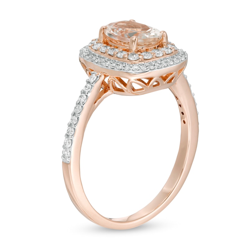 Main Image 2 of Oval Morganite and 3/8 CT. T.W. Diamond Double Cushion Frame Ring in 10K Rose Gold