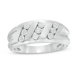 1/10 CT. T.W. Diamond Triple Row Slant Multi-Finish Ring in Sterling Silver