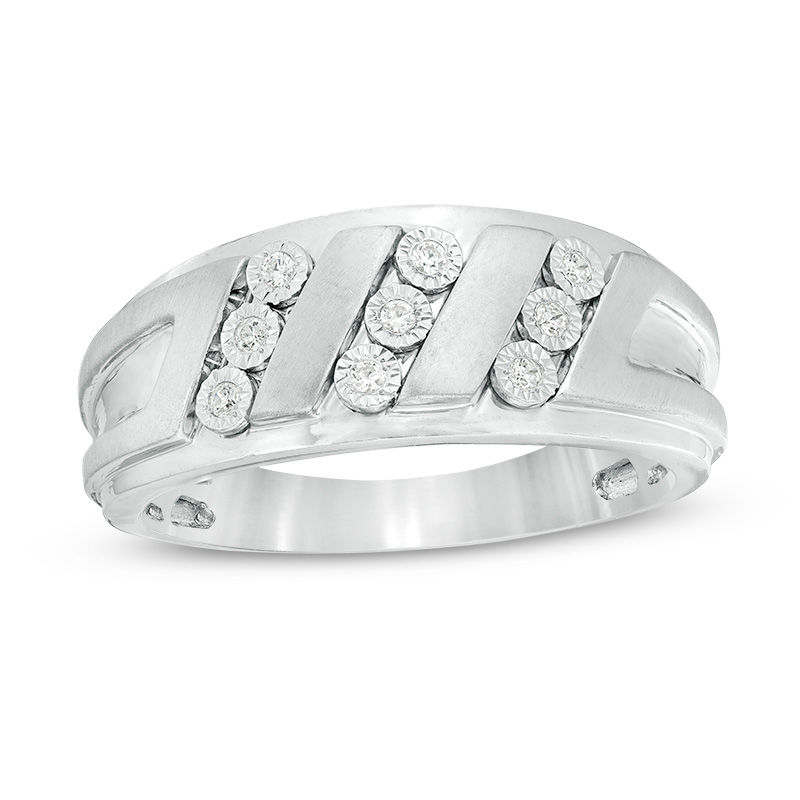 Main Image 1 of 1/10 CT. T.W. Diamond Triple Row Slant Multi-Finish Ring in Sterling Silver
