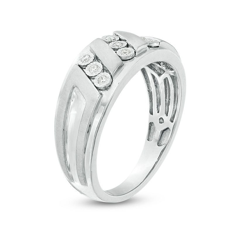 Main Image 3 of 1/10 CT. T.W. Diamond Triple Row Slant Multi-Finish Ring in Sterling Silver