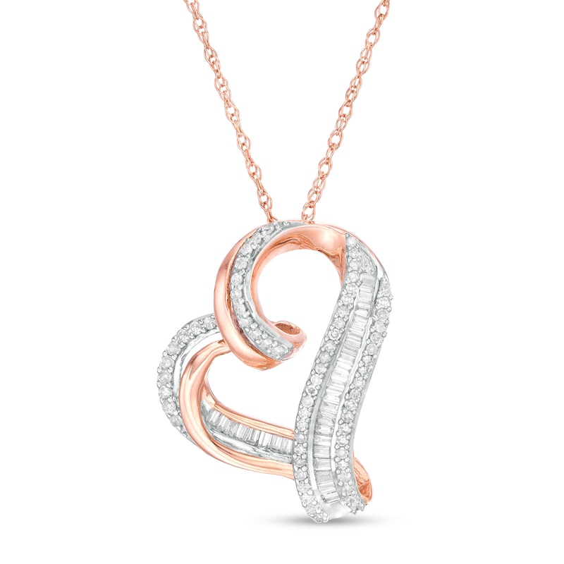 T.W White Sim Diamond Tilted Heart And Leaf Pendant 18 Chain In 10K Rose Gold Plated 925 Silver 1/4 CT 