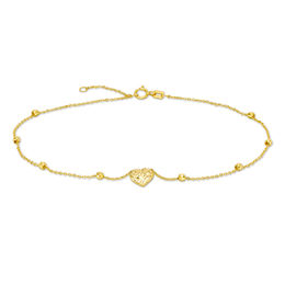 Diamond-Cut Puff Heart and Disco Bead Station Anklet in 10K Gold - 10&quot;