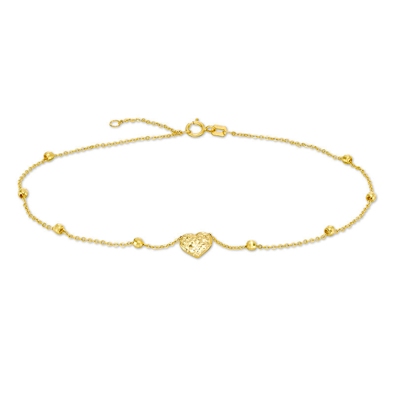 Main Image 1 of Diamond-Cut Puff Heart and Disco Bead Station Anklet in 10K Gold - 10"