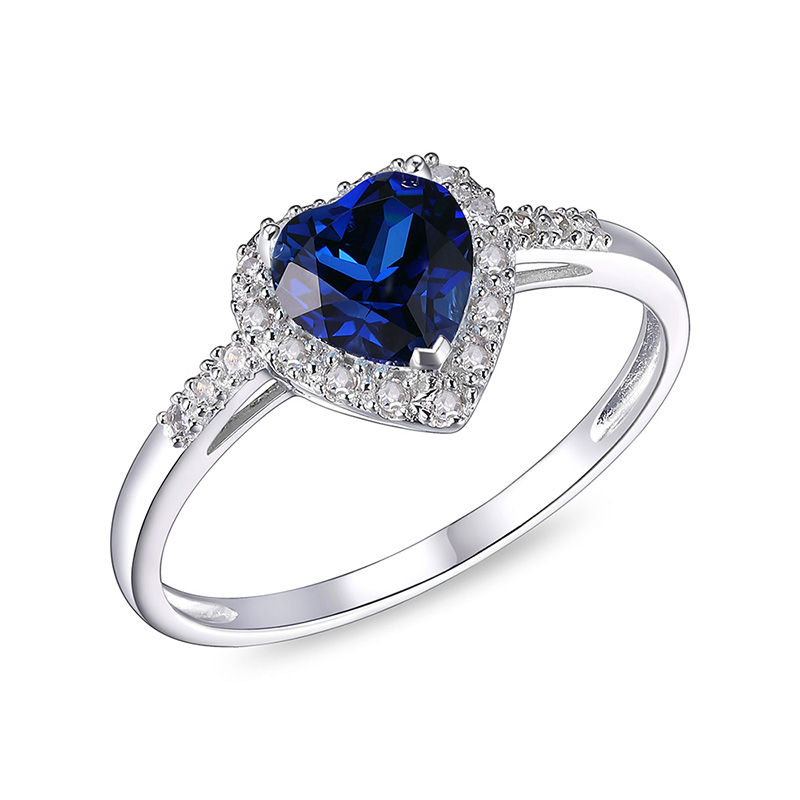 Main Image 1 of 6.0mm Heart-Shaped Lab-Created Blue Sapphire and 1/10 CT. T.W. Diamond Frame Ring in 10K White Gold