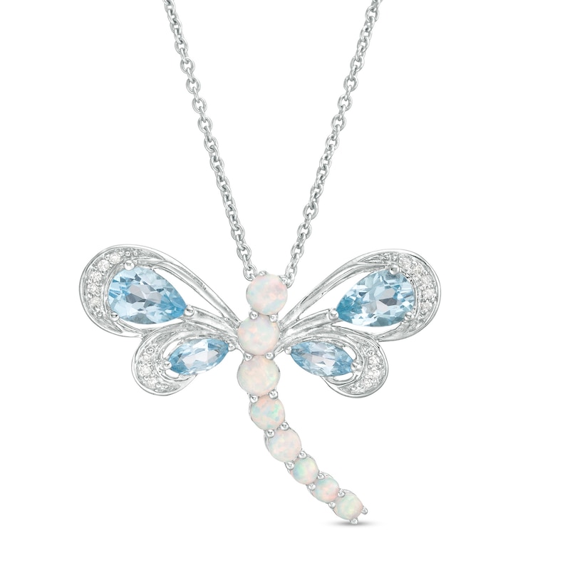 Main Image 1 of Swiss Blue Topaz, Lab-Created Opal and 1/20 CT. T.W. Diamond Dragonfly Pendant in Sterling Silver