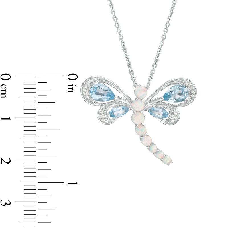 Main Image 2 of Swiss Blue Topaz, Lab-Created Opal and 1/20 CT. T.W. Diamond Dragonfly Pendant in Sterling Silver