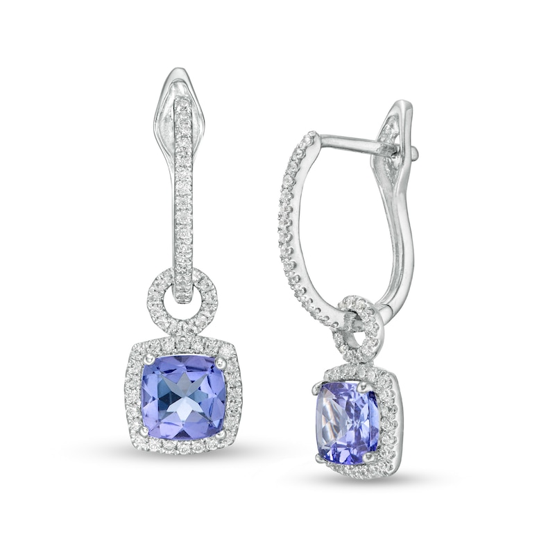 Cushion-Cut Lab-Created Blue and White Sapphire Doorknocker Hoop Earrings in Sterling Silver