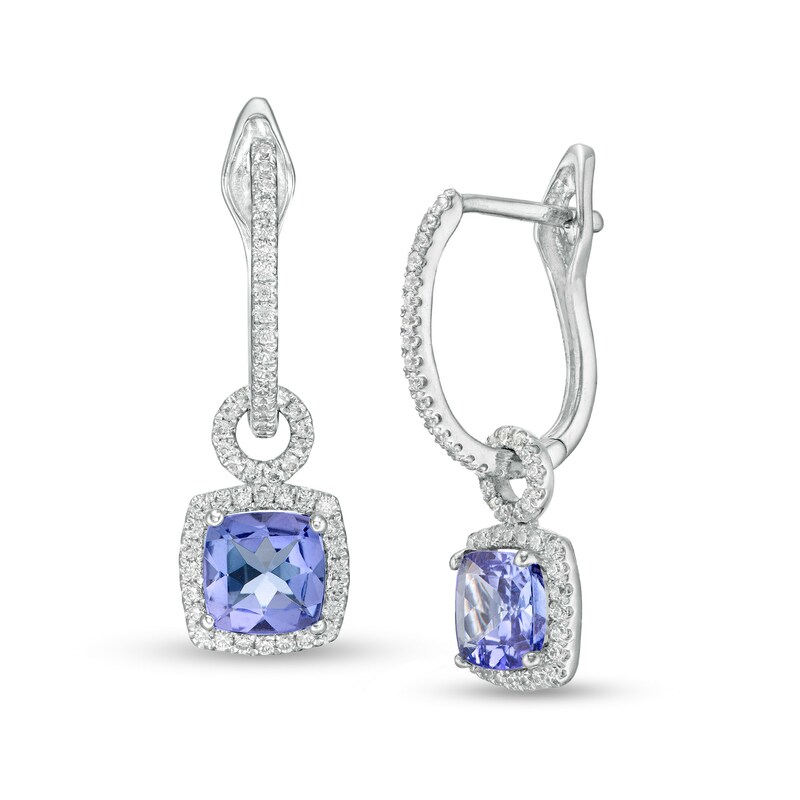 Main Image 1 of Cushion-Cut Lab-Created Blue and White Sapphire Doorknocker Hoop Earrings in Sterling Silver