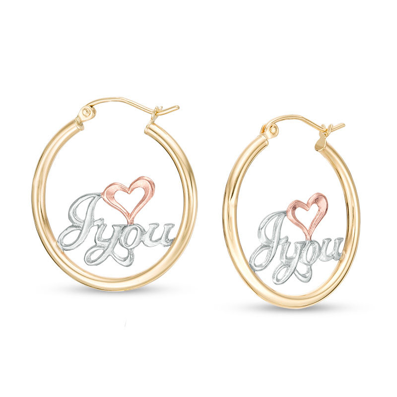"I heart you" Hoop Earrings in 10K Tri-Tone Gold
