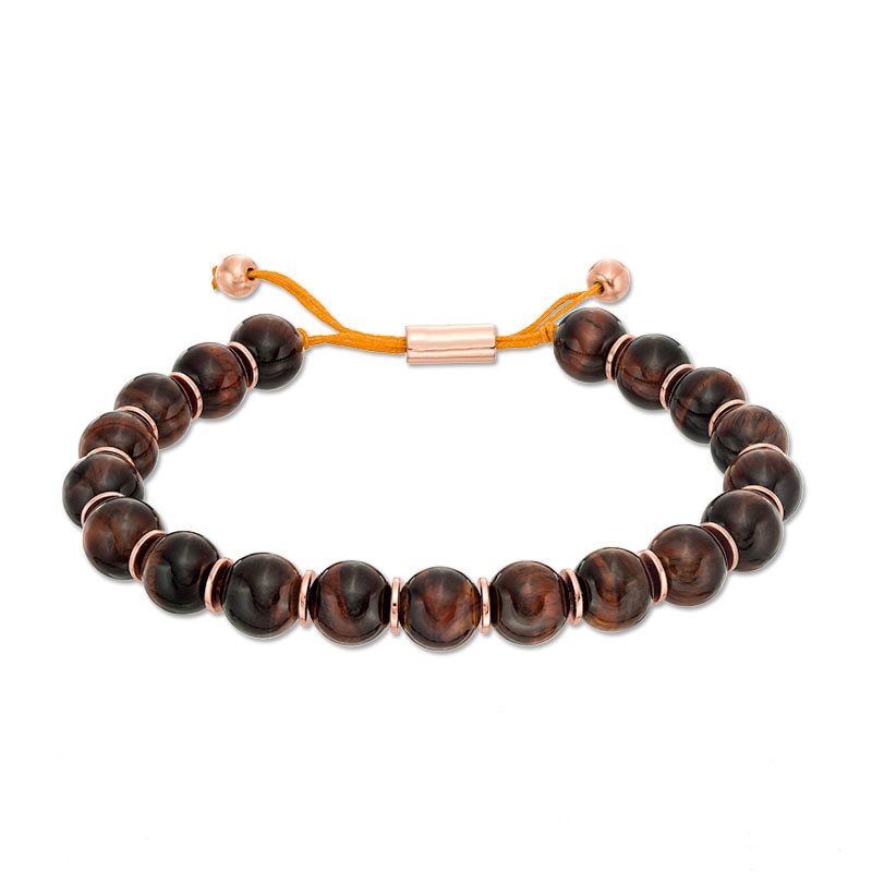 Men's 10.5mm Tiger's Eye Bead Bolo Bracelet in Sterling Silver with Rose Rhodium - 8.5"