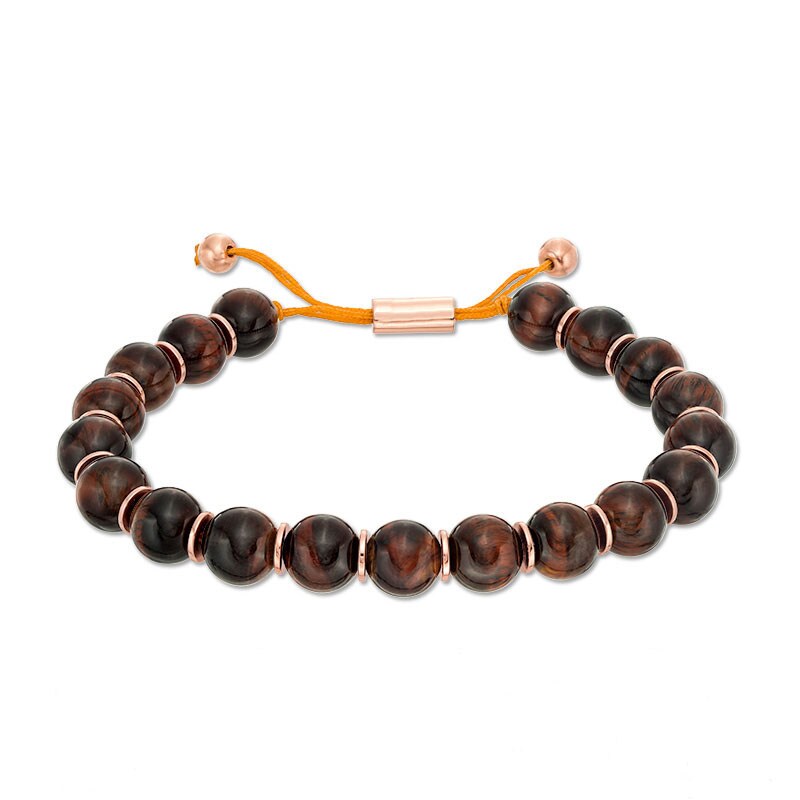 Main Image 1 of Men's 10.5mm Tiger's Eye Bead Bolo Bracelet in Sterling Silver with Rose Rhodium - 8.5"