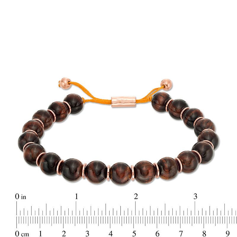 Main Image 2 of Men's 10.5mm Tiger's Eye Bead Bolo Bracelet in Sterling Silver with Rose Rhodium - 8.5"