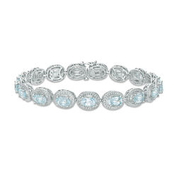 Oval Sky Blue Topaz and Diamond Accent Beaded Frame Vintage-Style Bracelet in Sterling Silver - 7.25&quot;