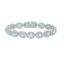 Oval Sky Blue Topaz and Diamond Accent Beaded Frame Vintage-Style Bracelet in Sterling Silver - 7.25"
